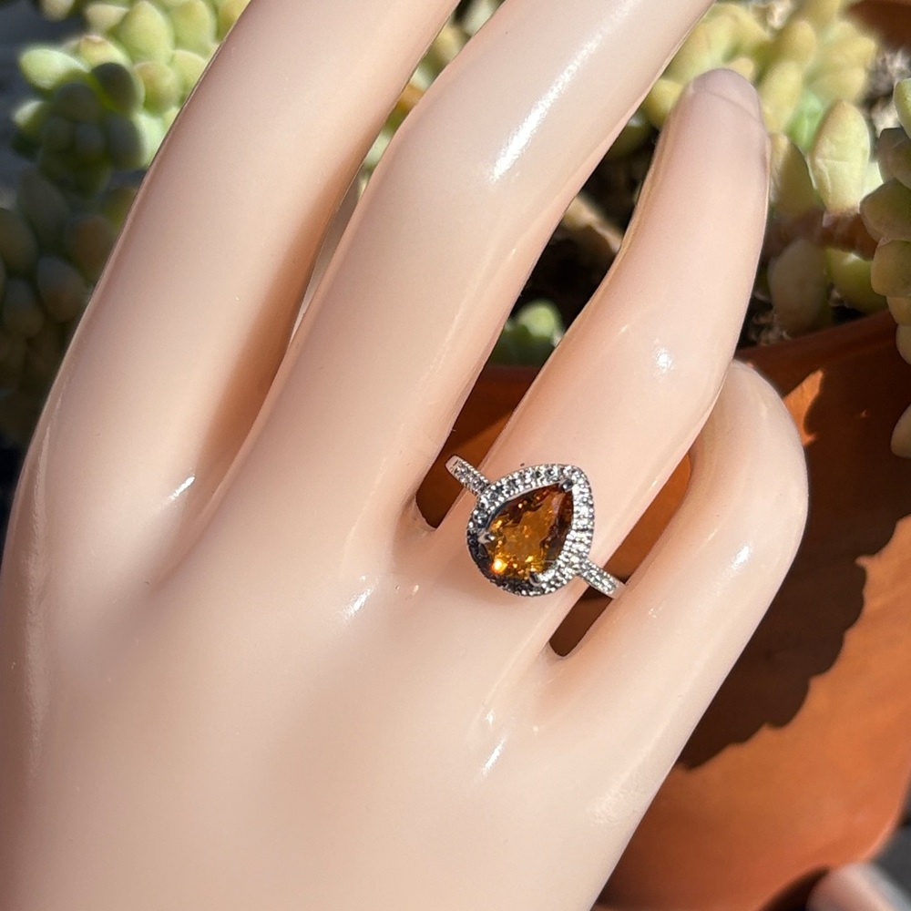 Pear Cut 1.40 ct Natural Citrine & Diamond Accent Halo Sterling Ring Size 7 - Picture 15 of 17